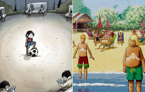 сатирические иллюстрации, зависимость от соцсетей и гаджетов