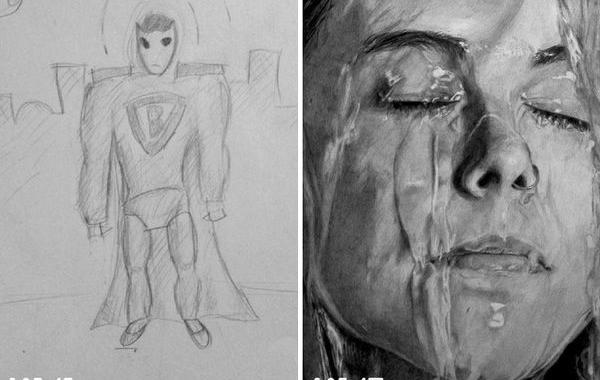 рисунки до и после многих лет практики, рисунки тогда и сейчас