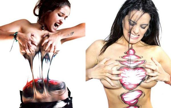 Жампьере Динамарка Поке, Jeampiere Dinamarca Poque, боди-арт разрывающий женские тела, боди-арт женщины разрывают тела