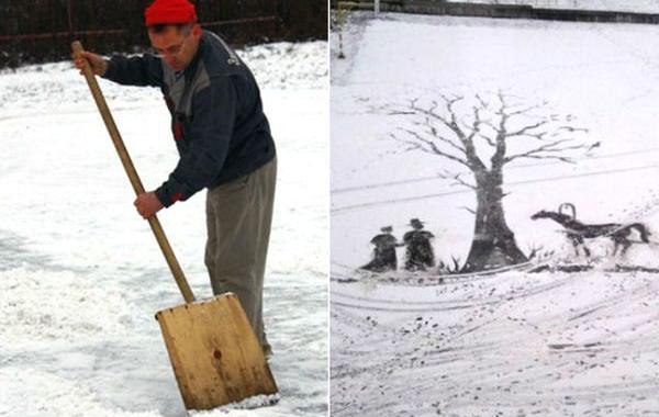 Школьный дворник рисует картины на снегу, Семён Бухарни