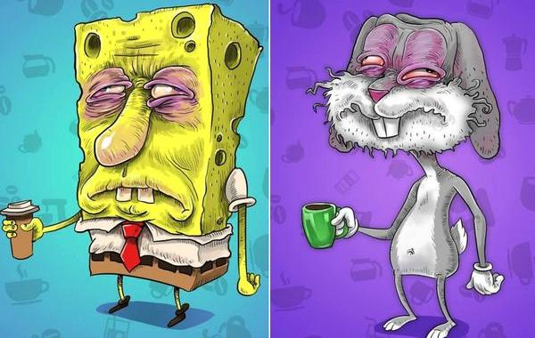 как выглядят мультяшные герои перед тем как выпить кофе, герои мультфильмов перед тем как выпить кофе, Сэм Милэм, Sam Milham 