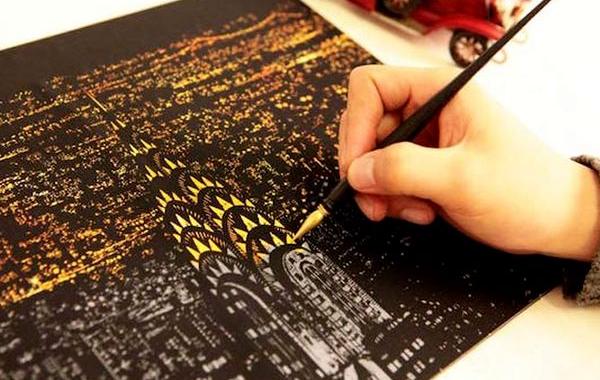 Нацарапай ночной вид, Scratch Night View, раскраска для взрослых, скретч плакаты, скретч открытки, скретч карты